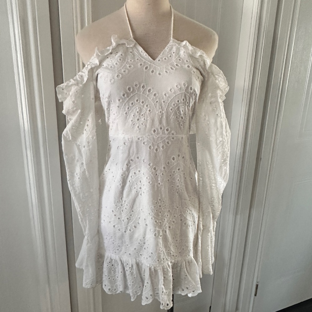 Vintage Eyelet Lace Mini Dress with Drop Sleeves and Ruffles